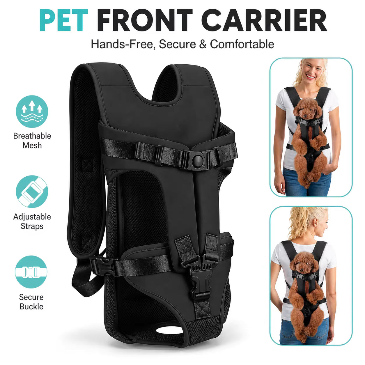 ペットフロントキャリアバックパック – 小型犬用ハンズフリーチェストキャリア